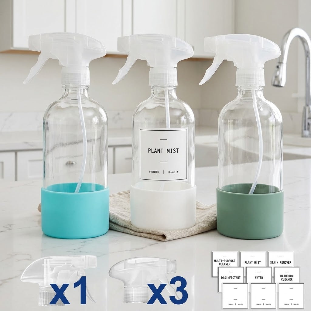 Glass Spray Bottles with Silicone Sleeves and Labels, 16 oz, 3-Pack