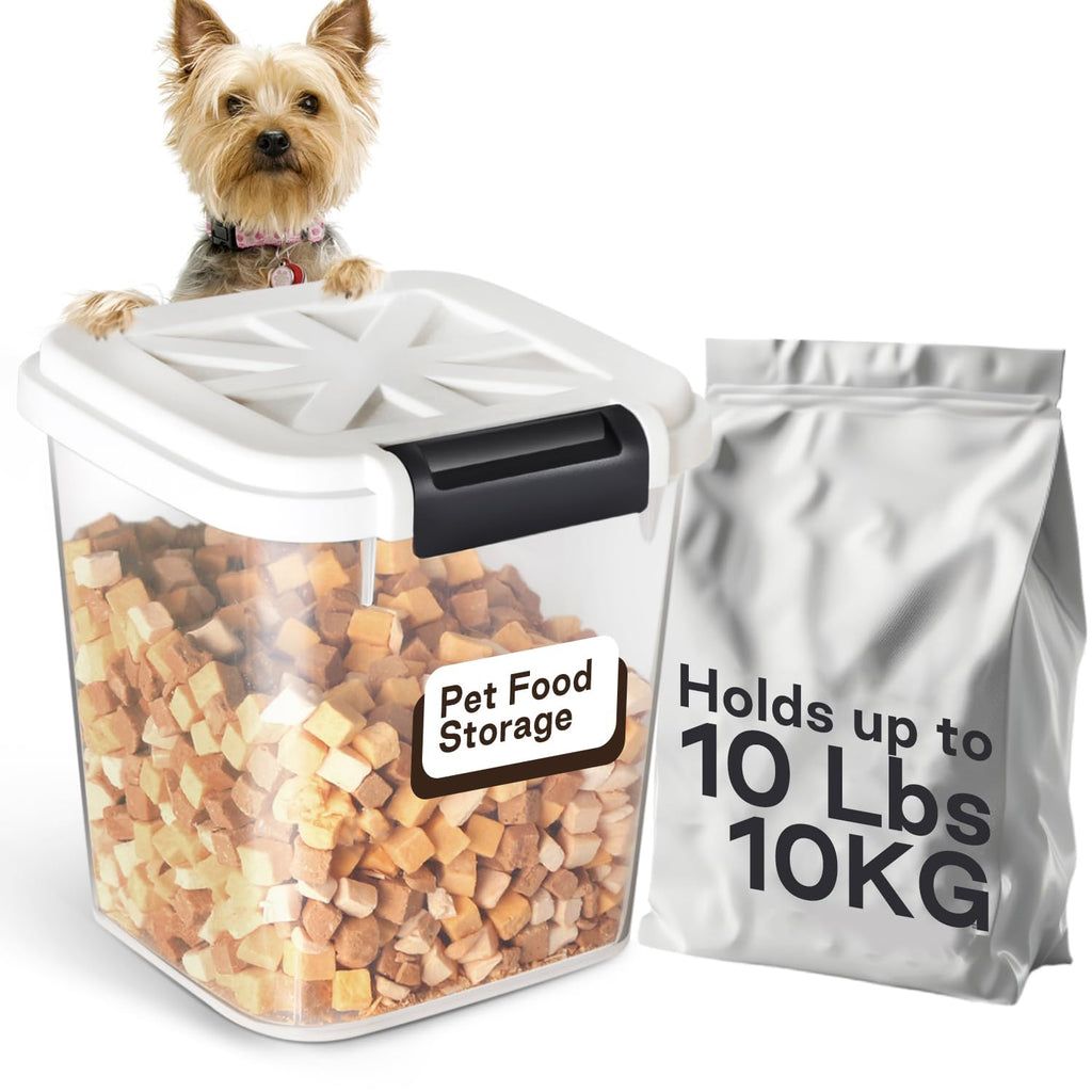 Airtight Pet Food Storage Bin with Measuring Cup, 10 lb, White