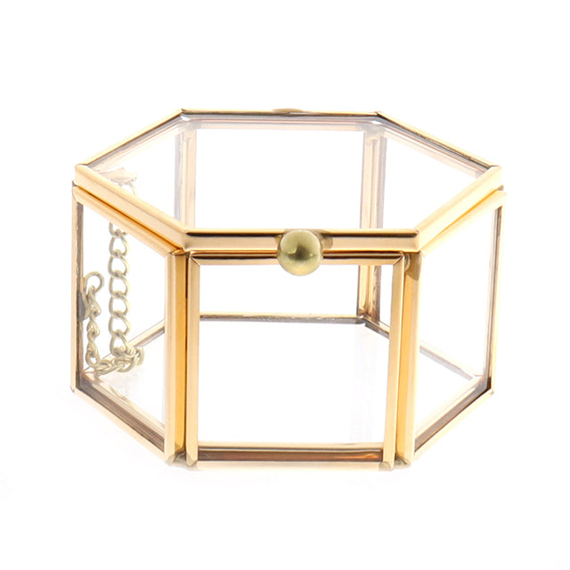 Hexagonal Clear Crystal Jewelry Box with Gold Trim, 8 x 7 cm
