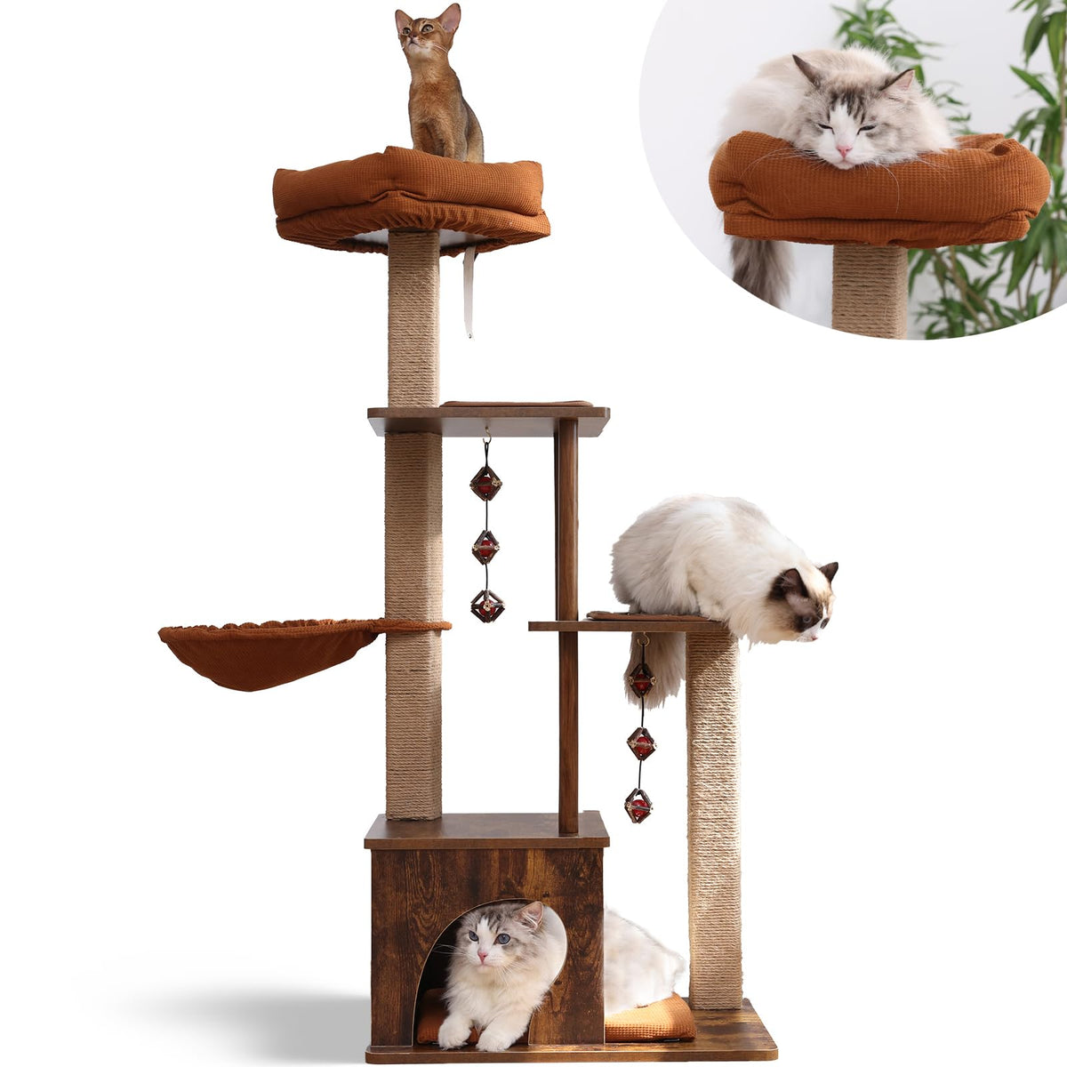 4-Level Wood Cat Tree with Jute Posts, Hammock and Silvervine Balls
