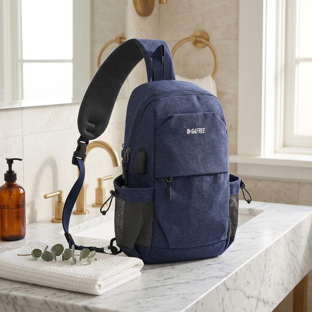 Canvas Sling Bag with USB Port and Anti-Theft Pocket, Dark Blue