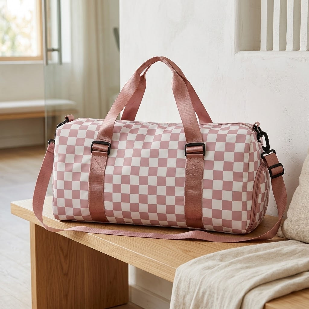Checkered Gym and Dance Bag with Shoe Compartment, Pink