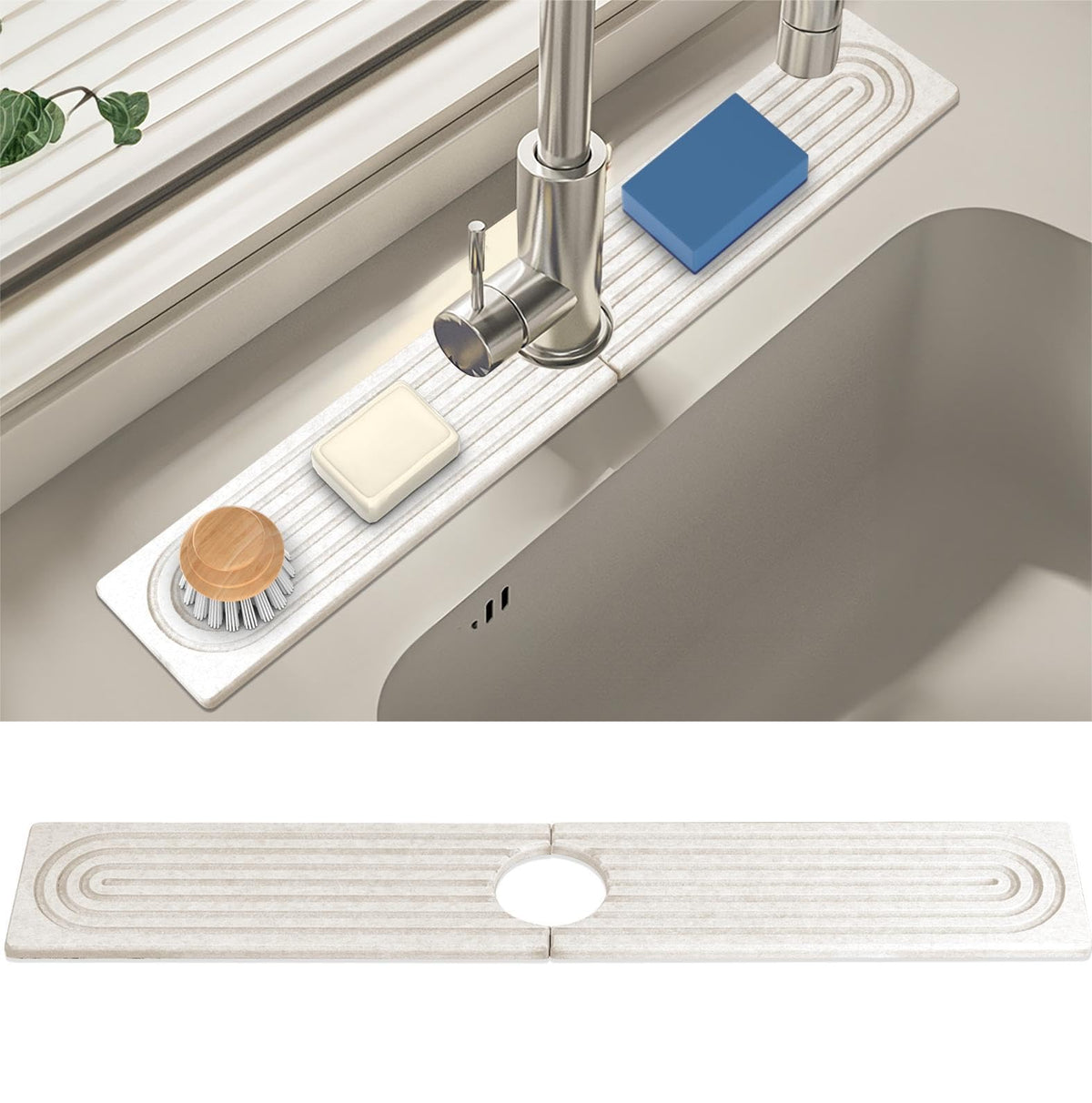 Diatomite Faucet Splash Guard Mat, 15.5 x 3.9 in, White