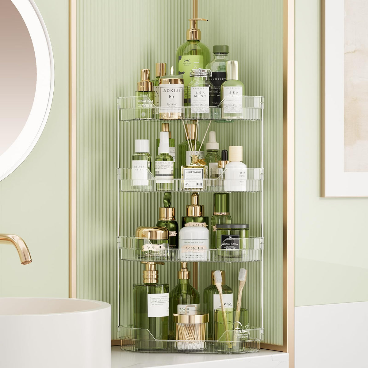 4-Tier Diamond-Shaped Corner Bathroom Organizer, Clear PET