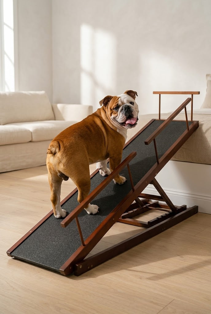 Adjustable Birchwood Dog Ramp for Beds, 7 Heights up to 37 in, Walnut