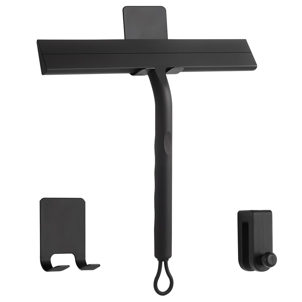 Compact Silicone Shower Squeegee with 2 Hooks, 8.5 in, Black