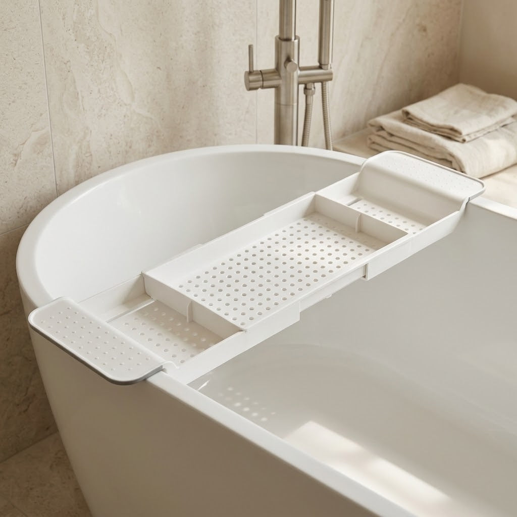 Retractable Bathtub Tray Shelf, Adjustable Width, White or Black Ash