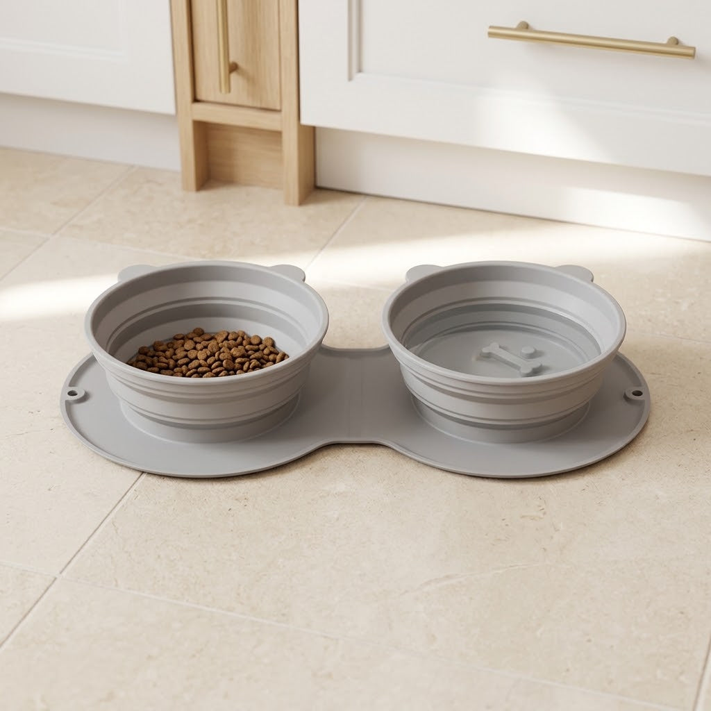 Foldable 2-in-1 Silicone Food and Water Travel Bowl, Grey