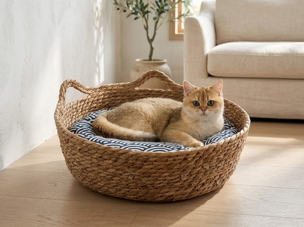 Handmade Woven Straw Cat Bed with Cushion, Pillow and Bamboo Mat, 18 in