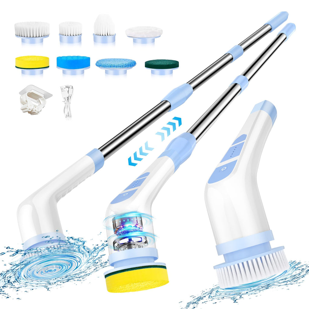 Cordless Spin Scrubber with Long Handle and 8 Brush Heads, Blue