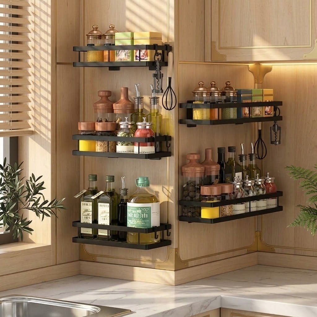 Wall-Mounted Carbon Steel Spice Rack with 2 Hooks, 20 to 50 cm