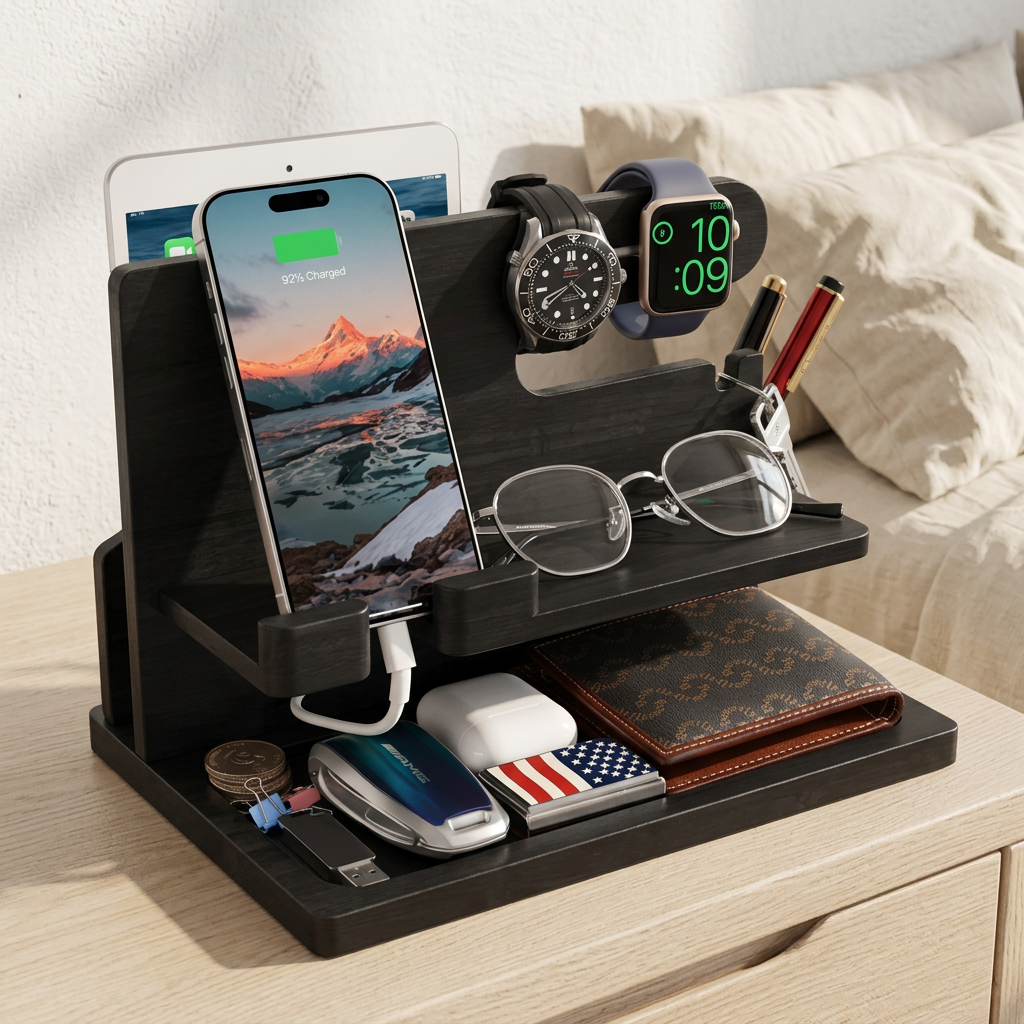 Solid Wood Phone Docking Station with Watch Stand and Tray, Black