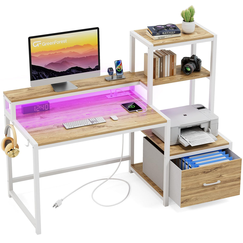 51 in Computer Desk with Storage Shelves, Outlets and LED Lights, Oak