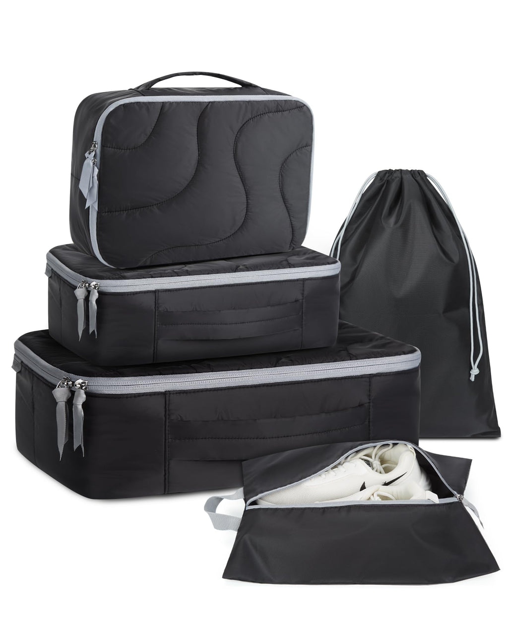 Quilted Puffy Packing Cubes, 5-Piece Set, Black
