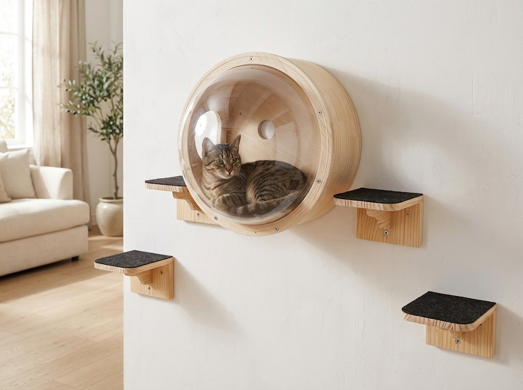 Wall-Mounted Clear Capsule Cat Bed with Wood Steps and Shelves, XL