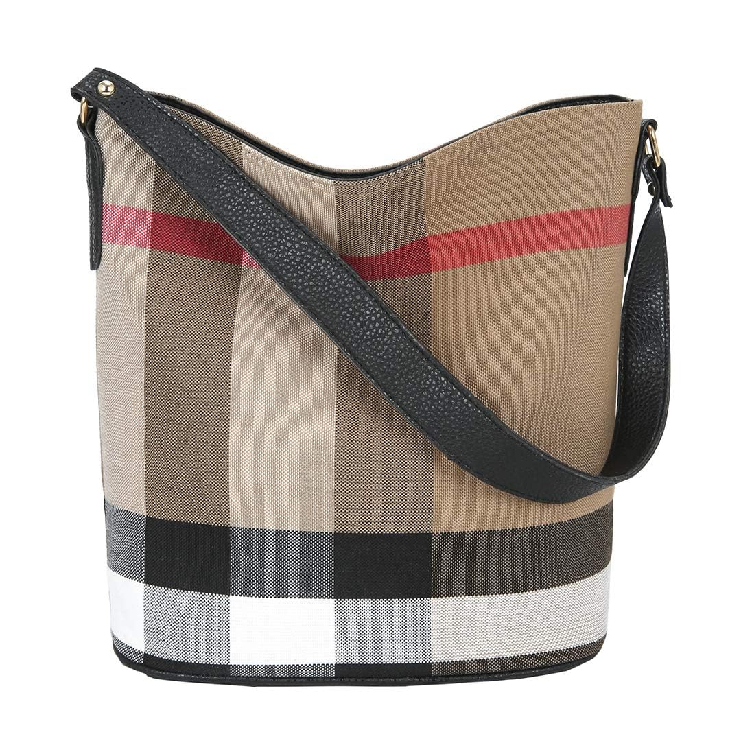 Plaid Canvas Bucket Tote with Leather Strap, Black