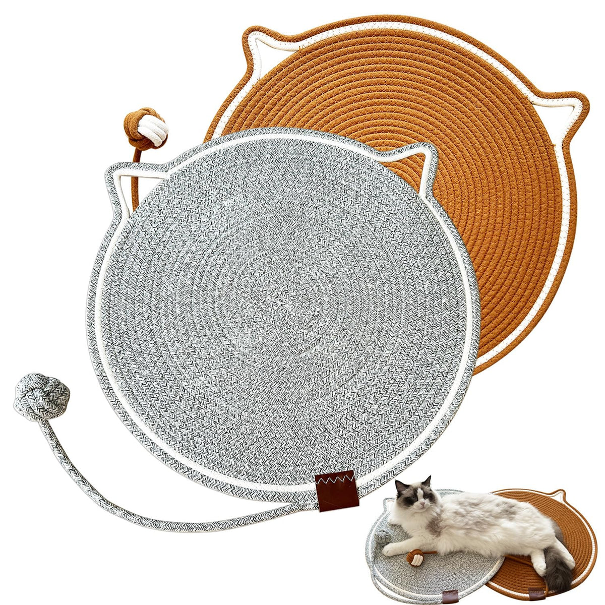 Round Cotton Rope Cat Scratching Mat with Ball Toy, 19.6 in, 2 Pack