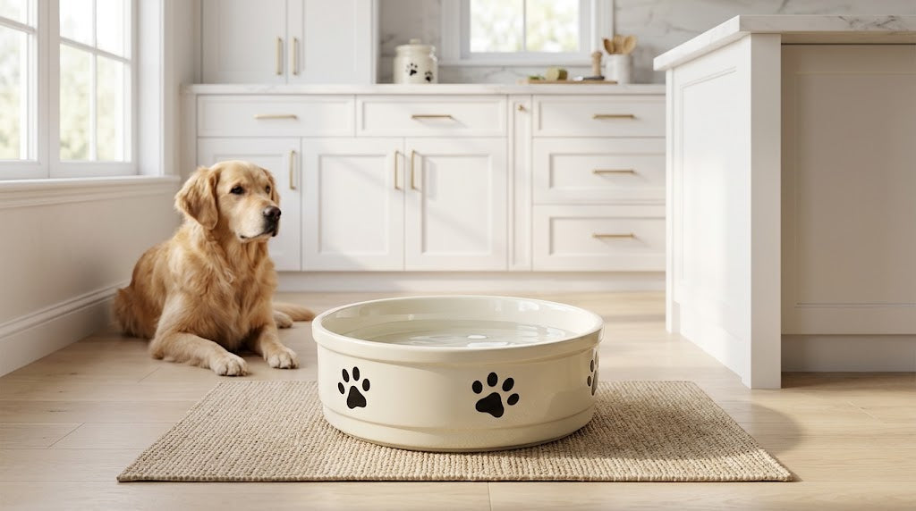 Heavy Porcelain Dog Bowl with Paw Pattern, 70 oz, Beige