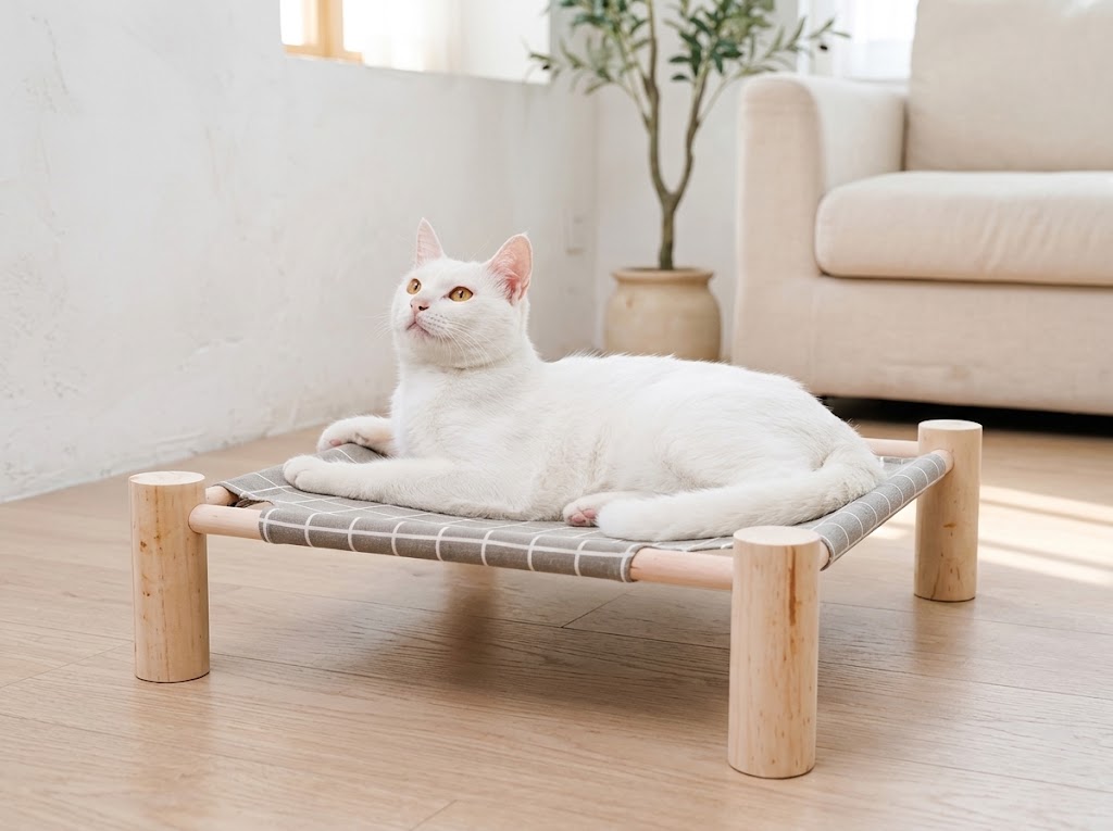 Elevated Pine Wood Pet Hammock Bed with Cotton Linen Mat, Grey Grid