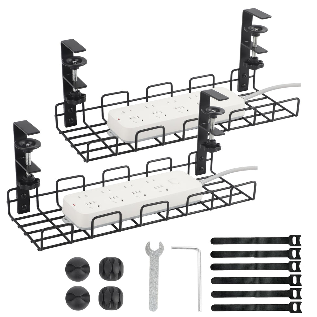 No-Drill Steel Under-Desk Cable Trays, Set of 2, Black