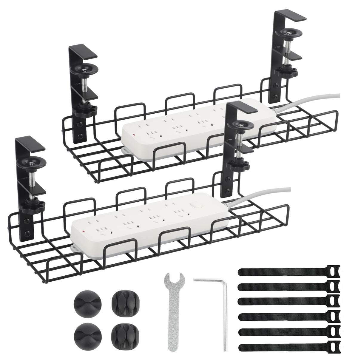 No-Drill Steel Under-Desk Cable Trays, Set of 2, Black