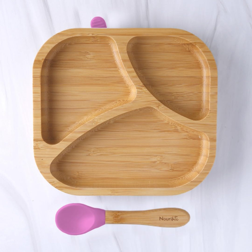 Square Bamboo Suction Divided Plate and Spoon, Pink, 6 Months+
