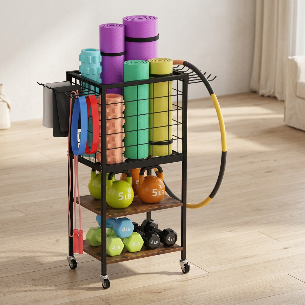 3-Tier Wood and Metal Gym Storage Cart with Wheels and Hooks
