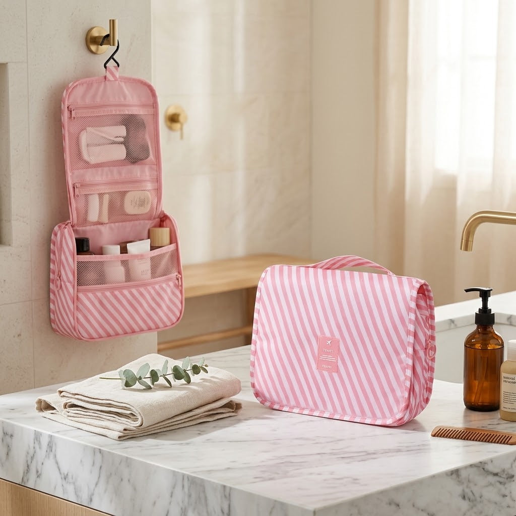 Hanging Toiletry Bag with Mesh Pockets, Pink Stripe