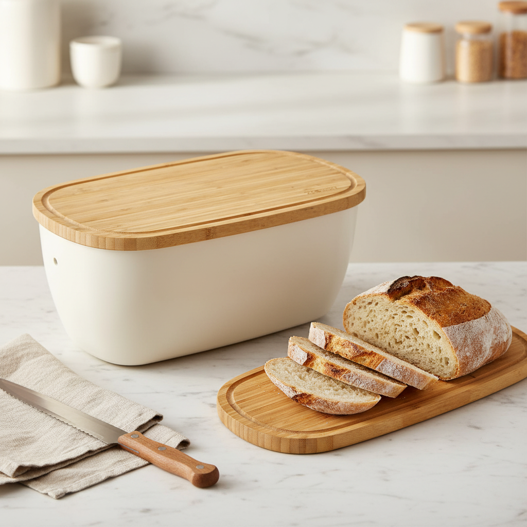 Bamboo Fiber Bread Box with Cutting Board Lid, White