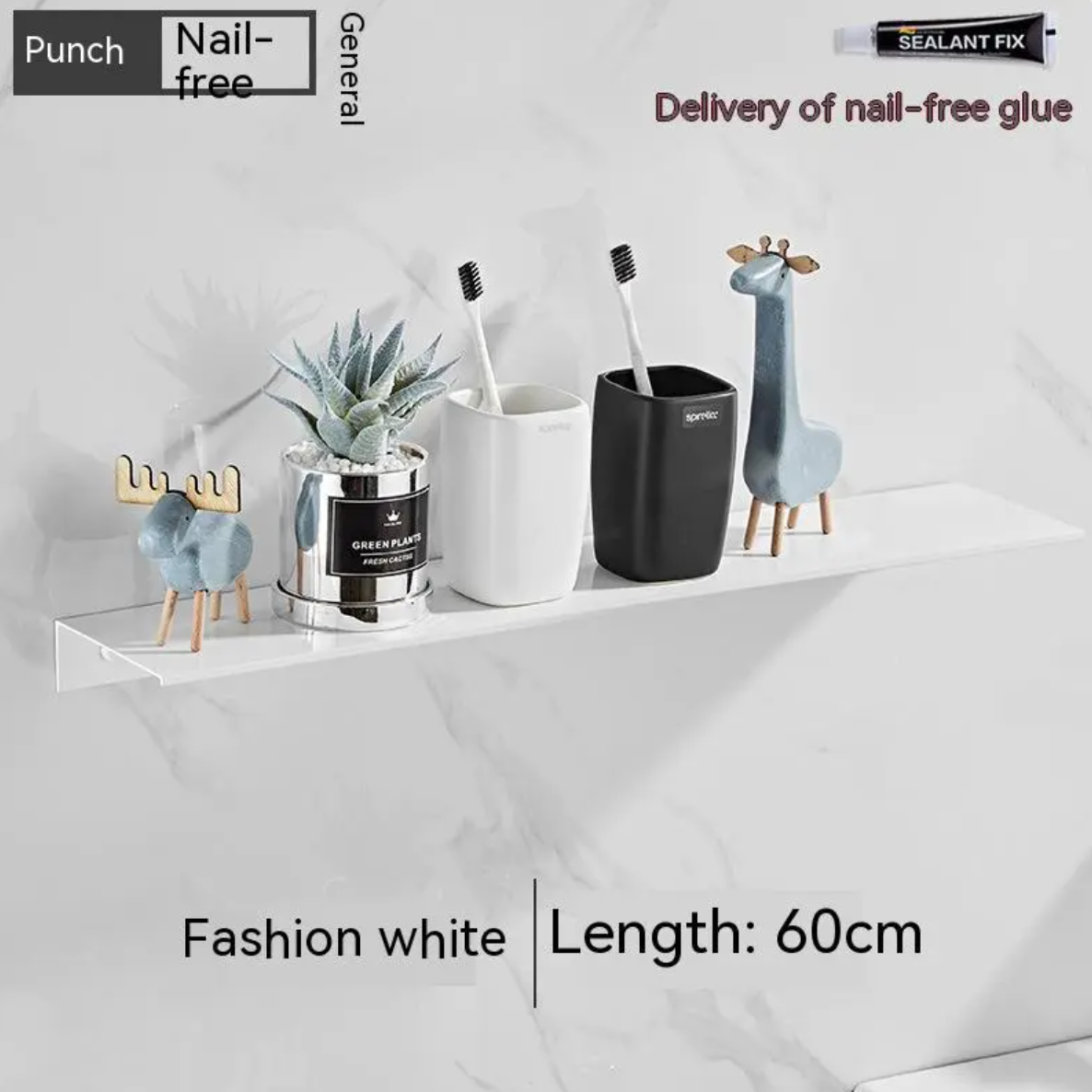 No-Drill Thickened Aluminum Wall Shelf, Holds Up to 15 kg
