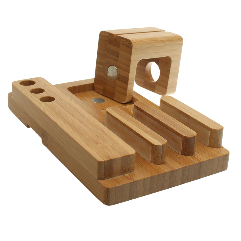 Bamboo Phone, Tablet and Watch Stand with Cable Cutout