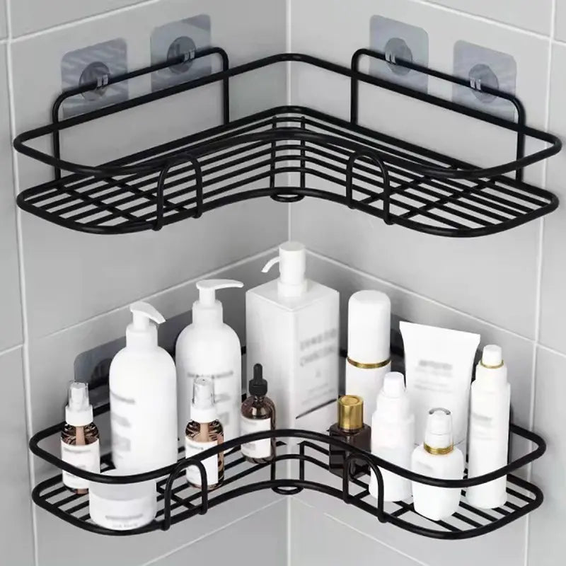 No-Drill Iron Corner Shower Caddy, Triangle Shape, Black or White