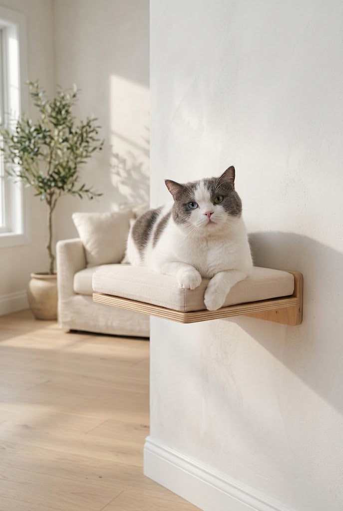 Wall-Mounted Wood Cat Shelf with Cushion, 11.8 x 10.2 in, Walnut