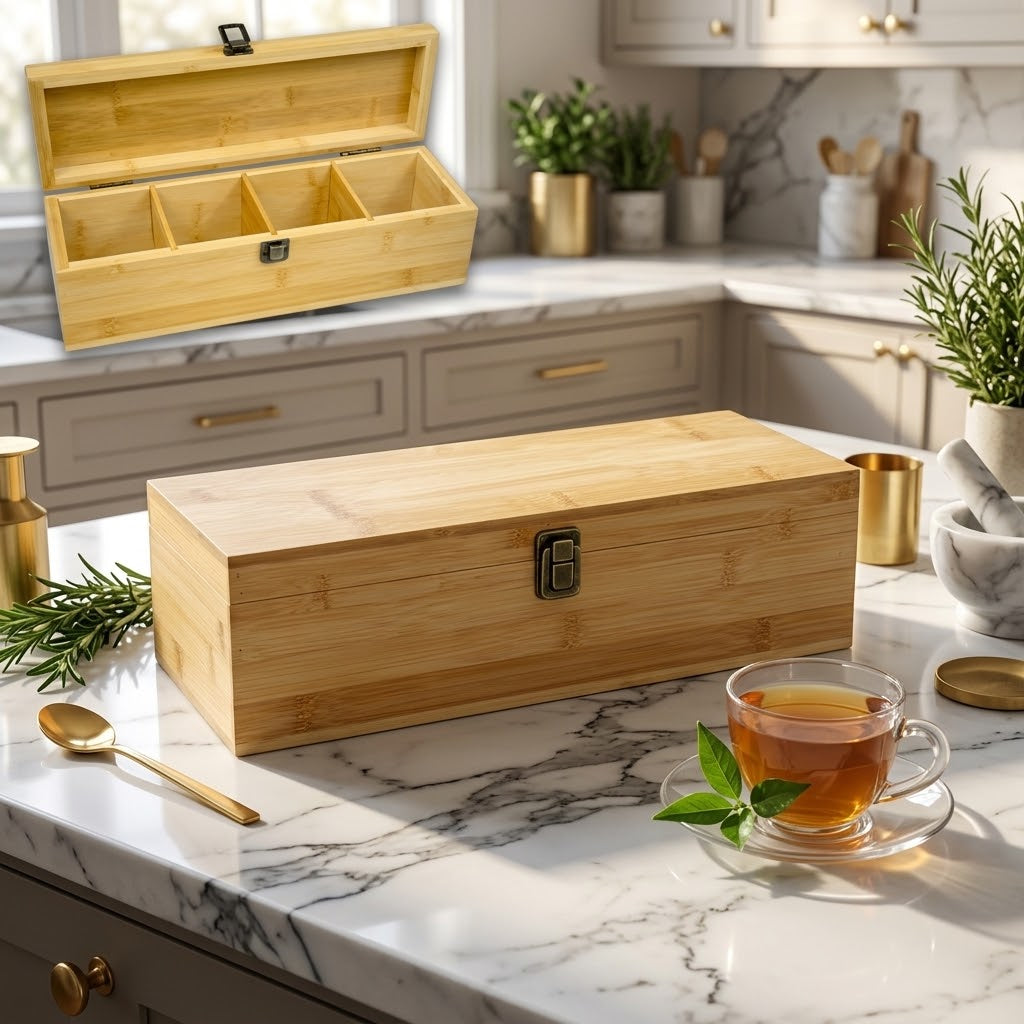 Bamboo Tea Bag Organizer Box with 4 Adjustable Slots