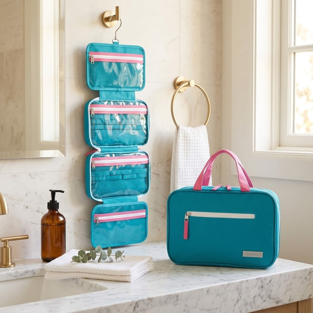Hanging Toiletry Bag with Clear Pockets, Teal and Hot Pink