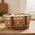 Oval Woven Egg Collecting Basket with Leather Handle