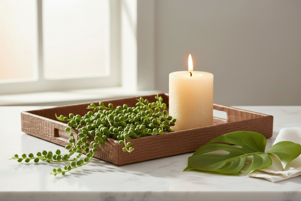 Elevated Luxury Tray with Mother of Pearl, Monstera & Candle
