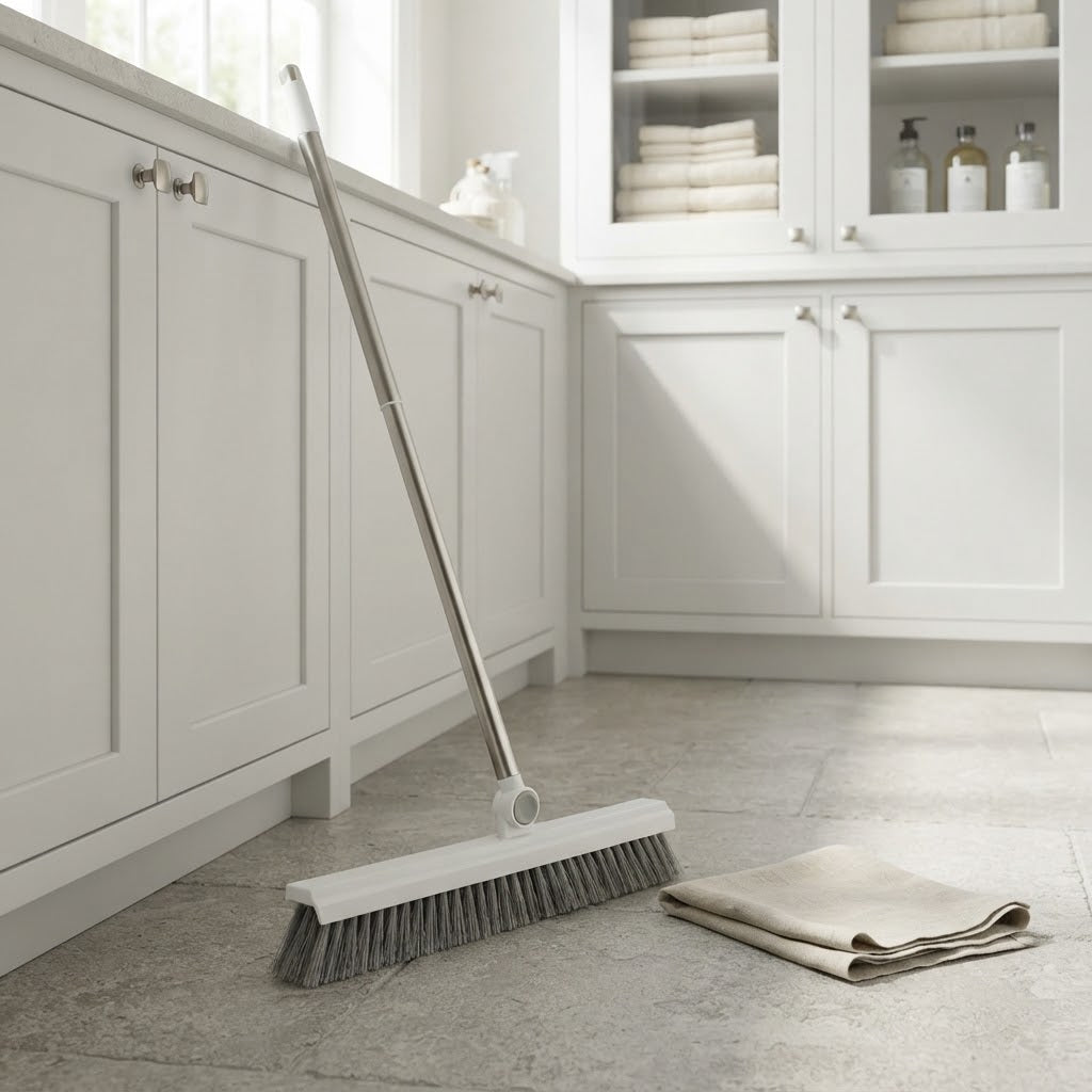 3-in-1 V-Shape Floor Scrub Brush with Squeegee and 57 in Handle, White