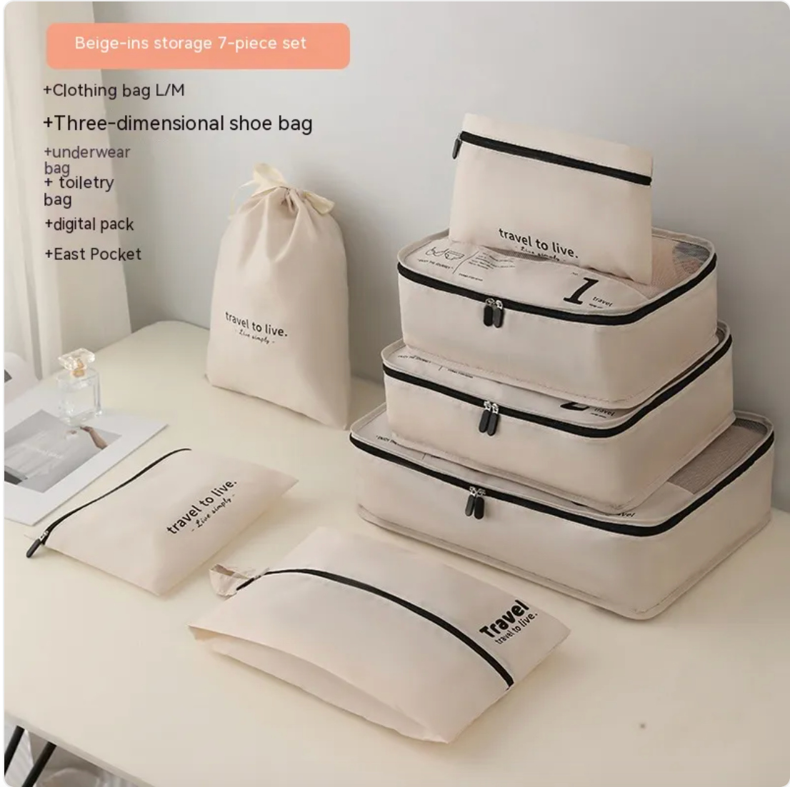7-Piece Waterproof Packing Bag Set for Clothes and Shoes