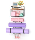 Wall-Mounted Yoga Mat Holder with Wood Shelves, Basket and 4 Hooks