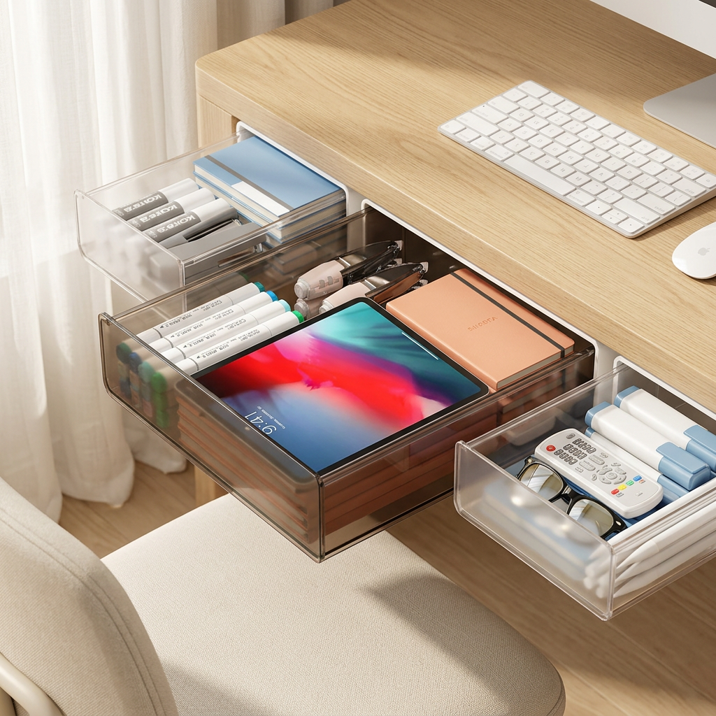 Under-Desk Hidden Drawer Storage Box, Adhesive Mount, S/M/L