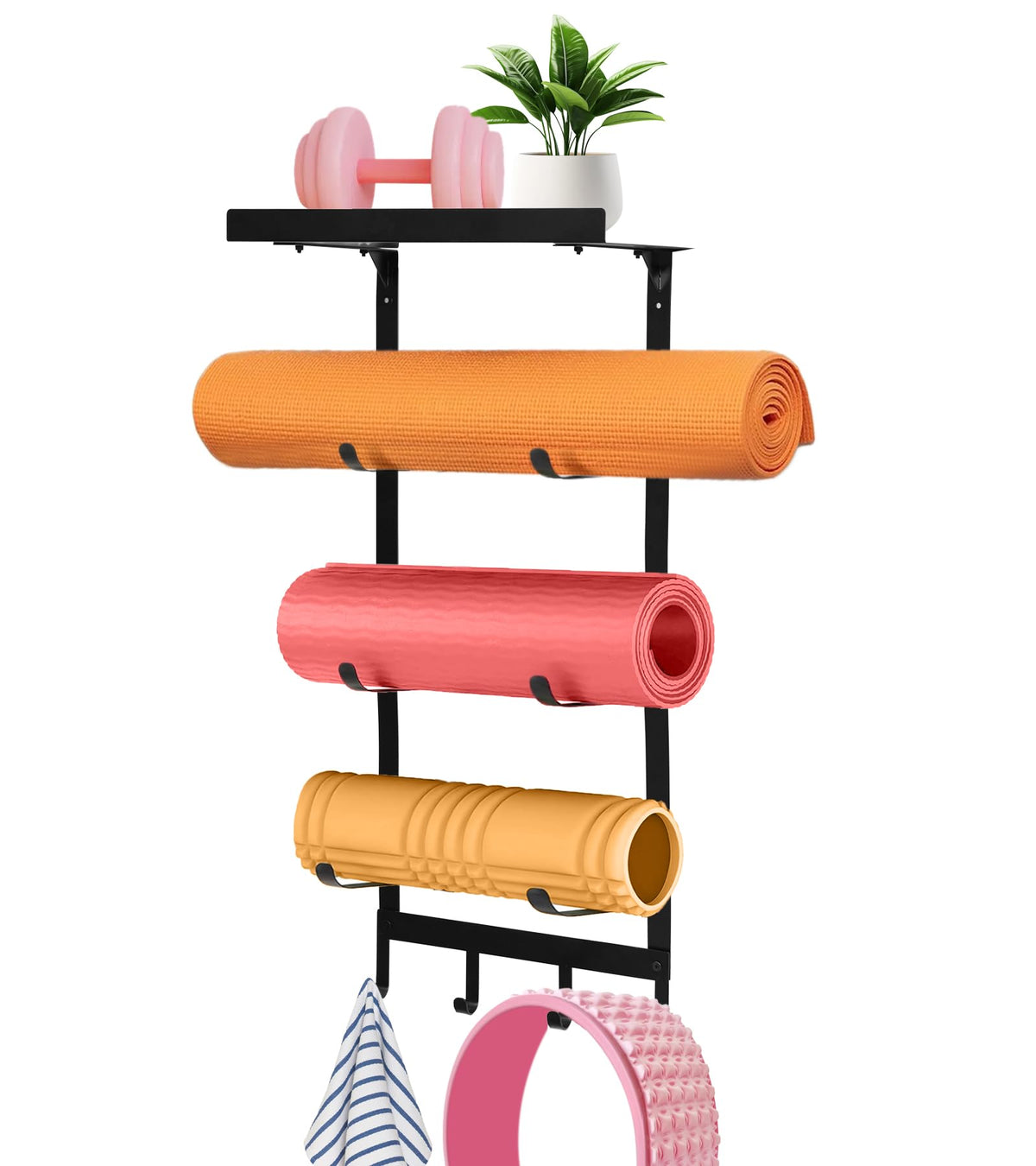 Black Metal Wall Yoga Mat Holder with Floating Shelf and 4 Hooks
