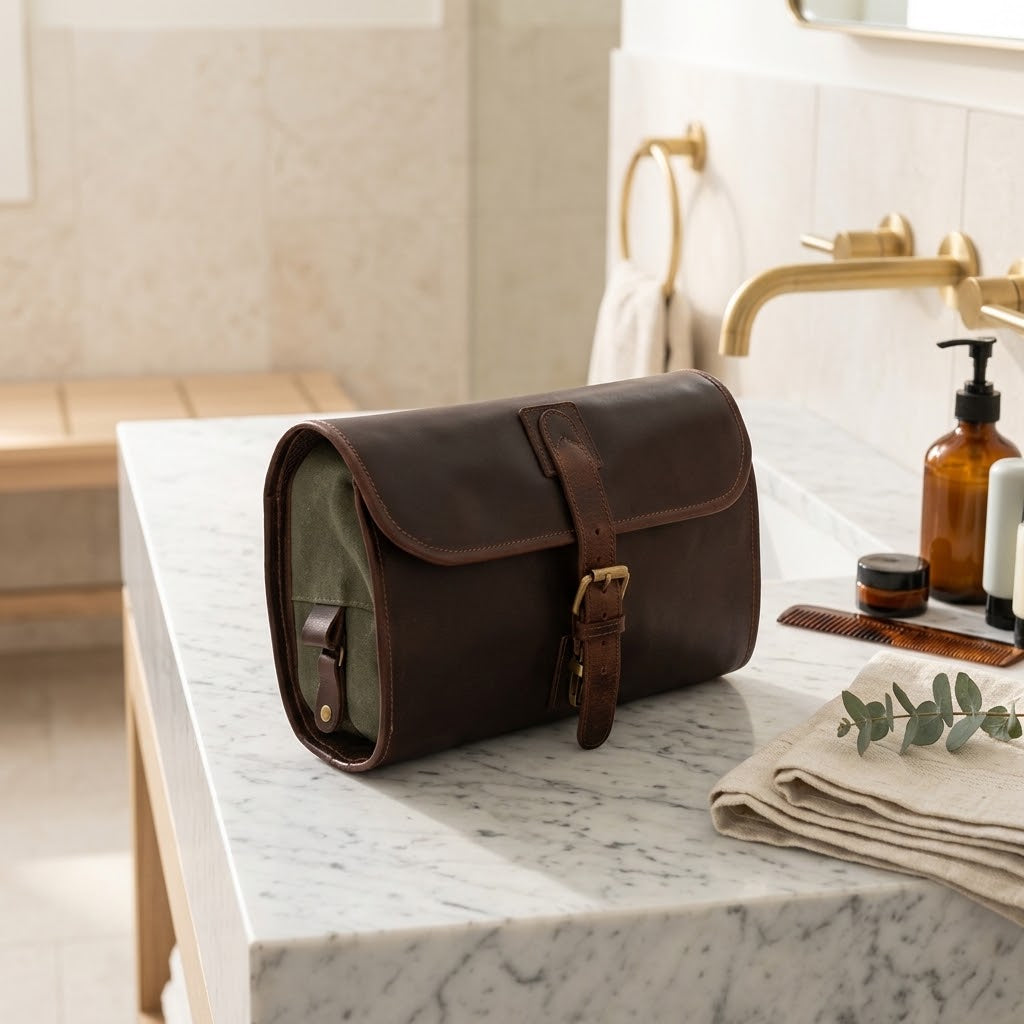 Full-Grain Leather Hanging Toiletry Bag, Mulberry Brown
