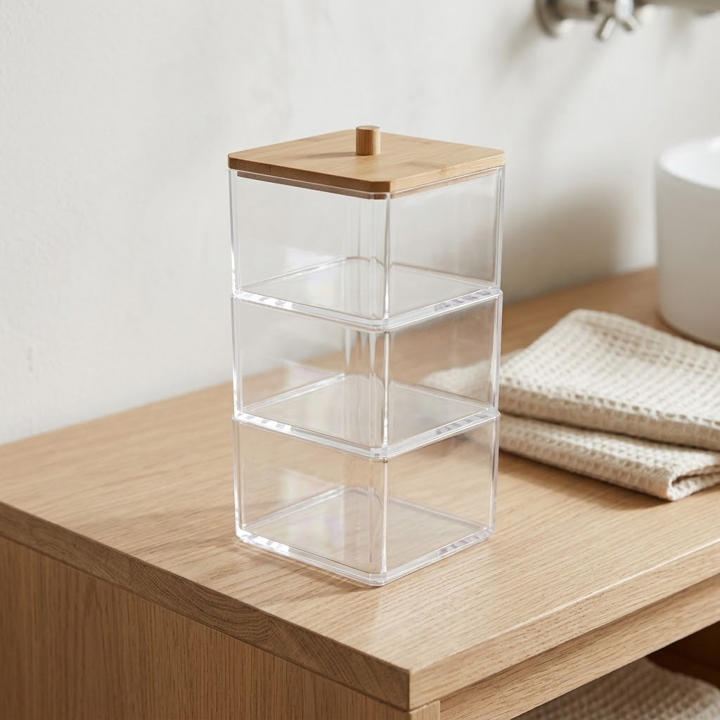 Clear Acrylic 3-Compartment Vanity Organizer with Wood Lid