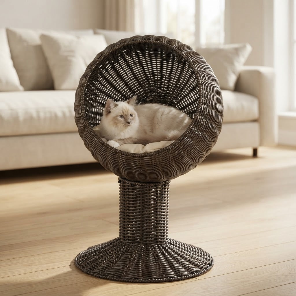 Elevated Hooded Wicker Cat Bed with Rotating Basket and Cushion, Coffee