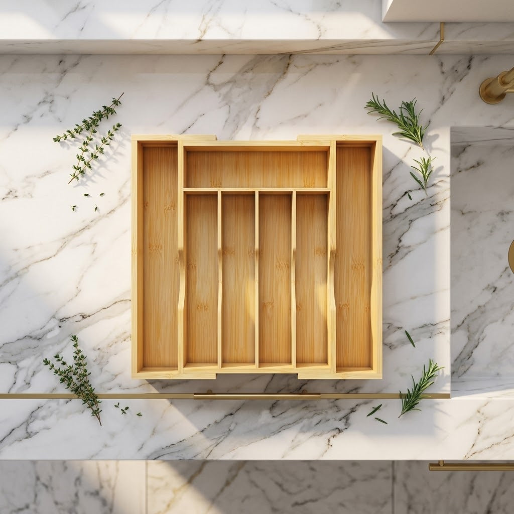 Expandable Bamboo Kitchen Drawer Organizer, 7 Compartments