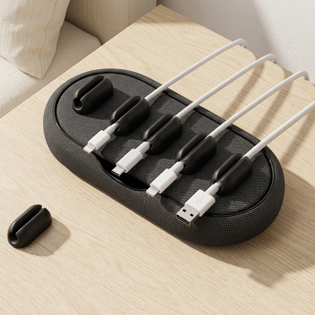 Magnetic Desk Cord Keeper with 6 Clips, Dark Gray
