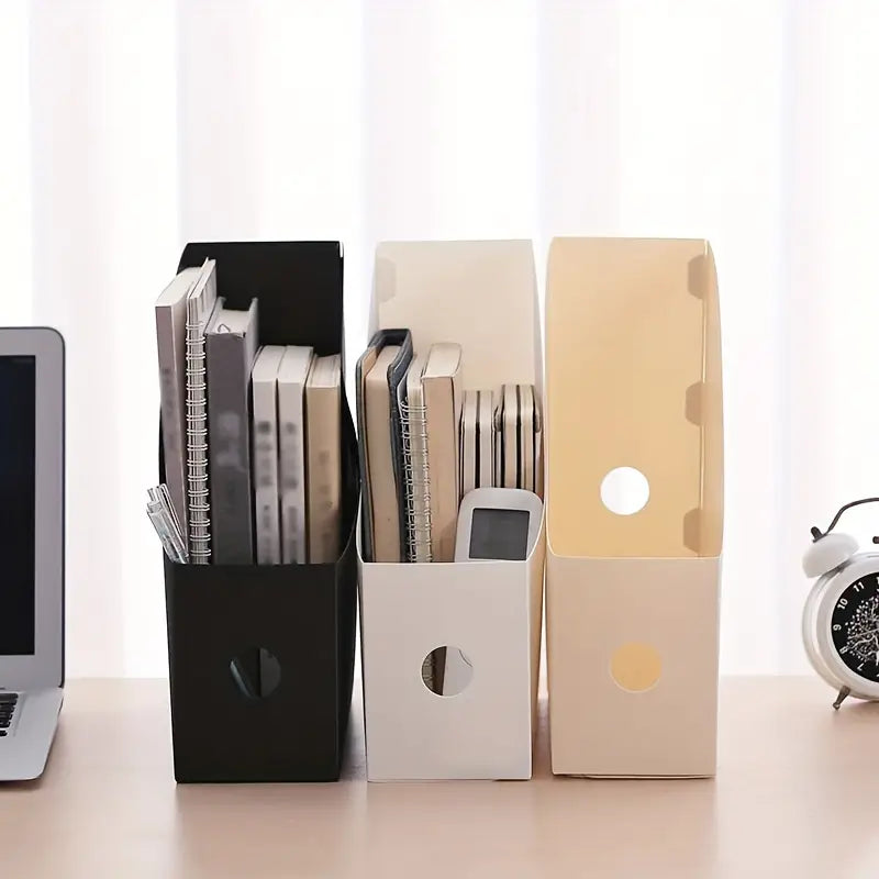 Desktop File Rack and Bookend Storage Box, PP, Black/White/Beige
