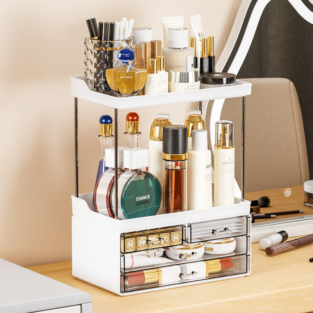 Stackable 4-Drawer Makeup Organizer for Counter, Set of 2, White