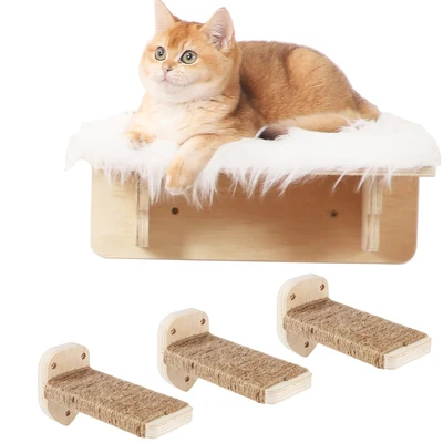 Cat Wall Shelf Set with Plush Hammock Bed and 3 Rope Steps
